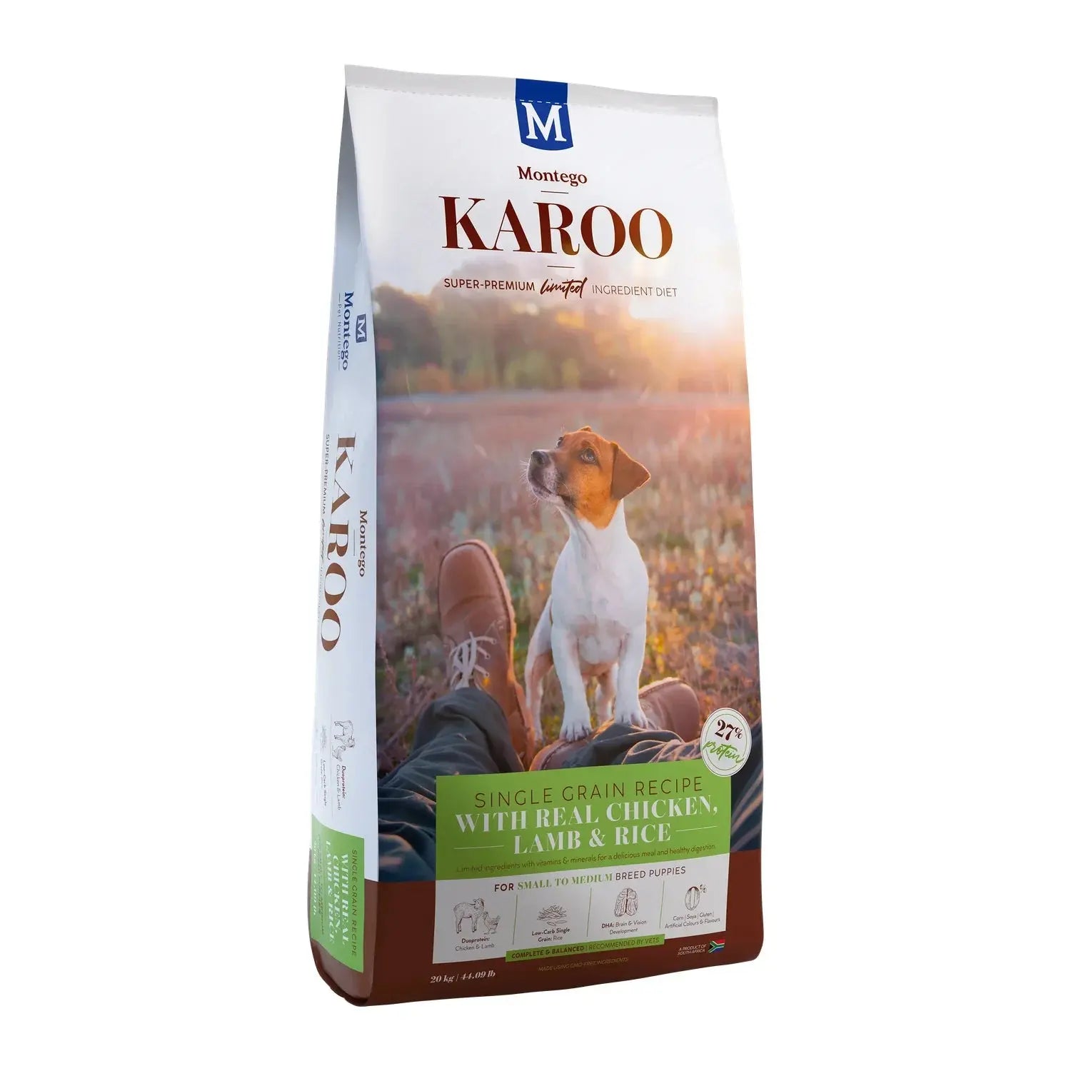 Montego Karoo Small to Medium Breed Puppy dry food 20kg bag with real chicken, lamb and rice.