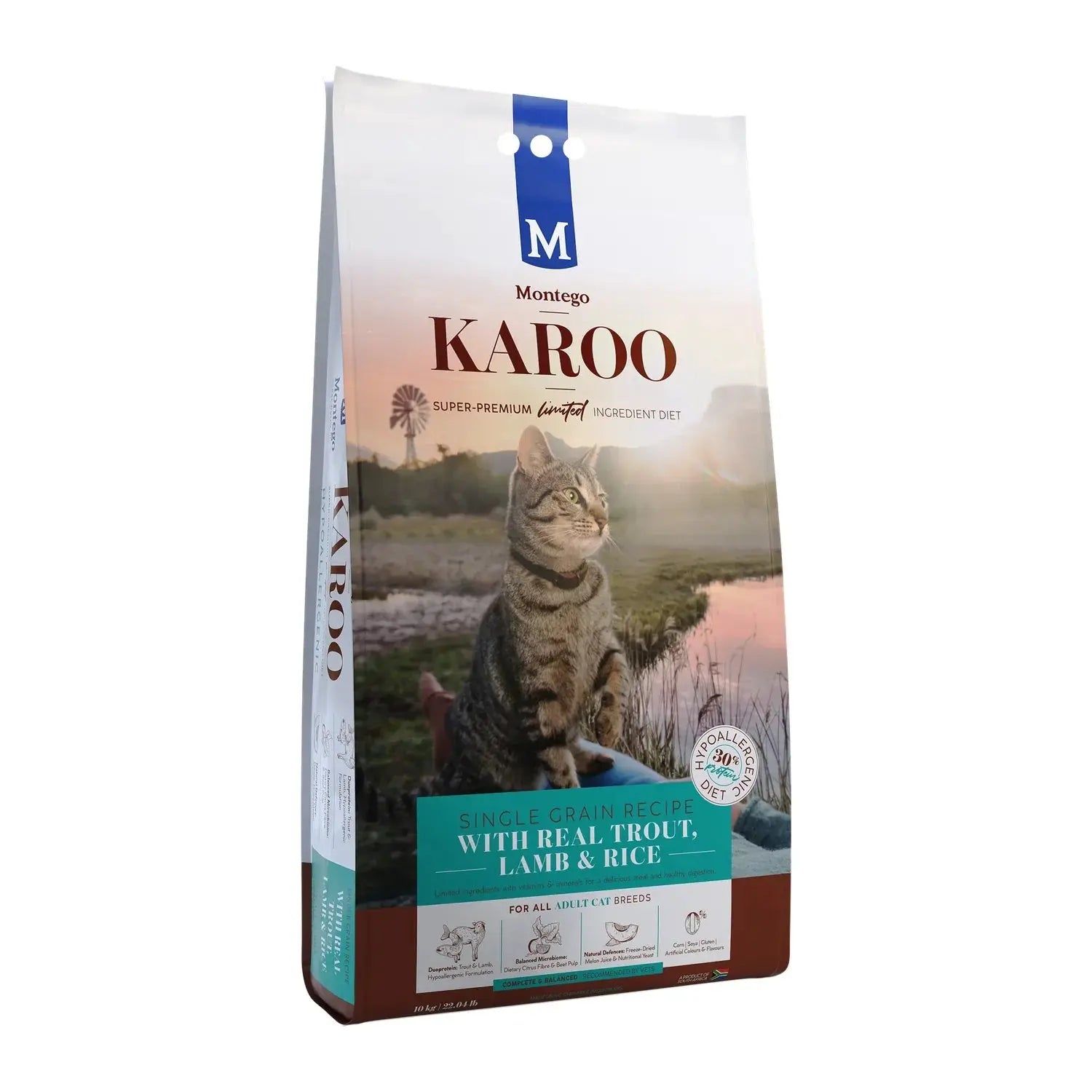 Montego Karoo Trout and Lamb Adult dry cat food 10kg bag, hypoallergenic recipe with real trout.