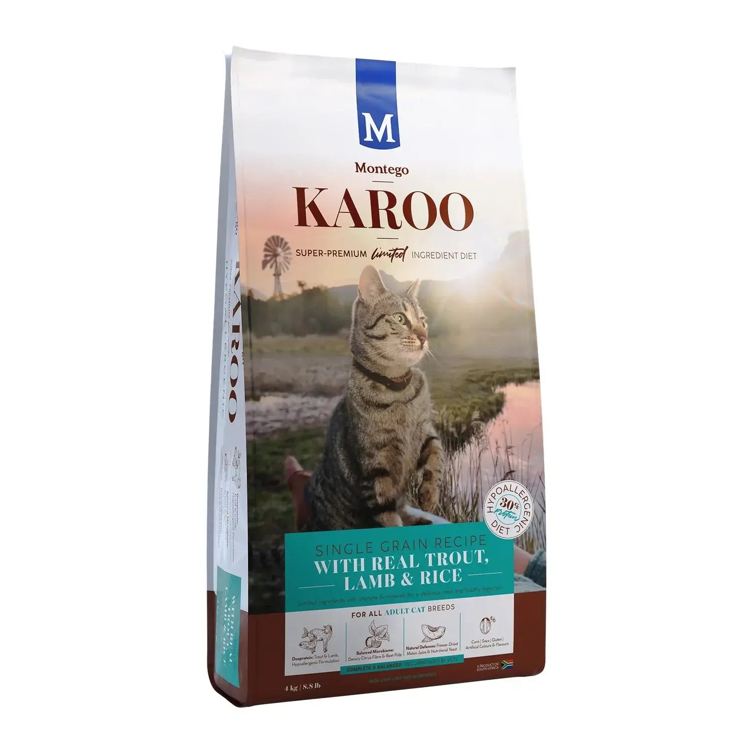 Montego Karoo Trout and Lamb Adult dry cat food 4kg bag, hypoallergenic recipe for sensitive cats.