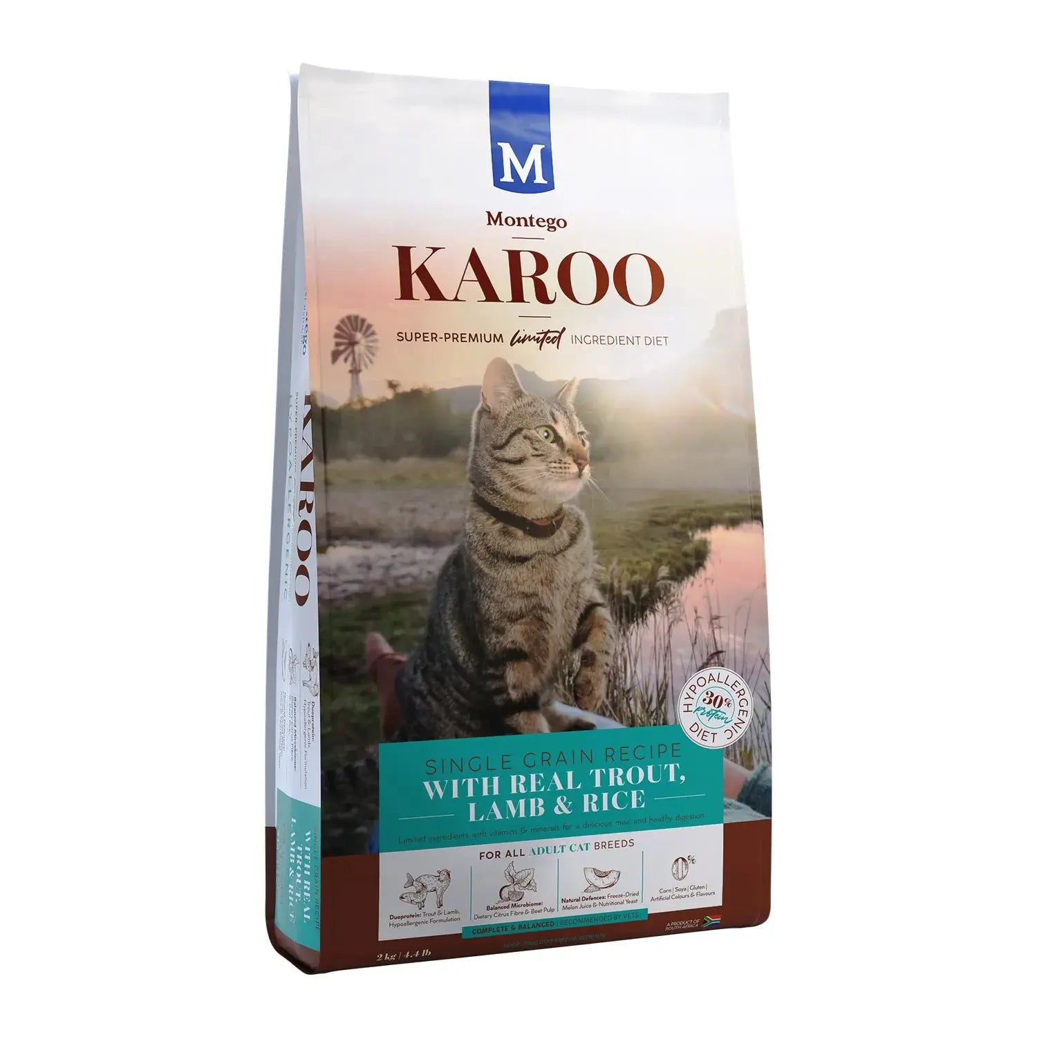 Montego Karoo Trout and Lamb Adult dry cat food 2kg bag, hypoallergenic recipe.
