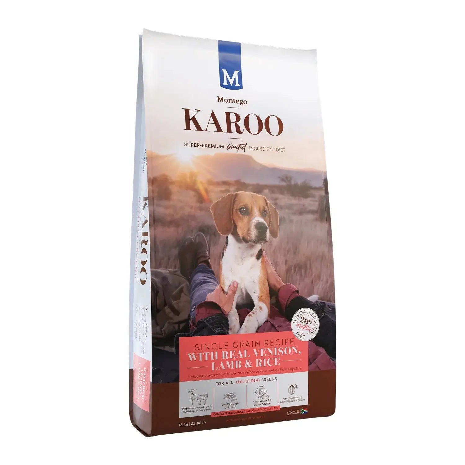 Montego Karoo Venison and Lamb Adult dry dog food 15kg bag, hypoallergenic novel protein recipe.