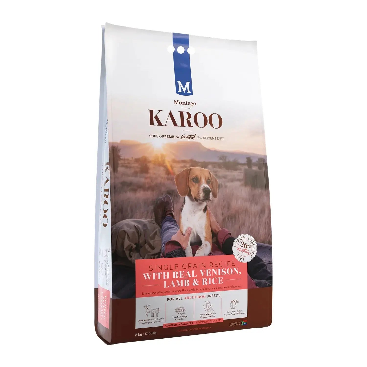 Montego Karoo Venison and Lamb Adult dry dog food 8kg bag, hypoallergenic novel protein recipe.
