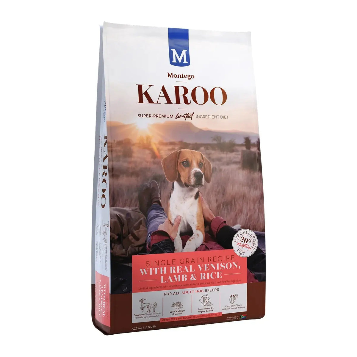 Montego Karoo Venison and Lamb Adult dry dog food 1.75kg bag, hypoallergenic recipe.