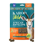 Karoo Wild African Antelope dog treats in a resealable bag, featuring oregano seasoning and premium ingredients.