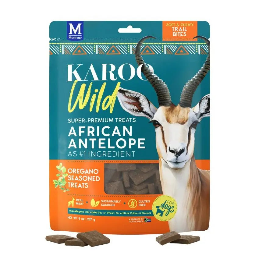 Karoo Wild African Antelope treats in a vibrant bag, featuring oregano seasoning and gluten-free ingredients.