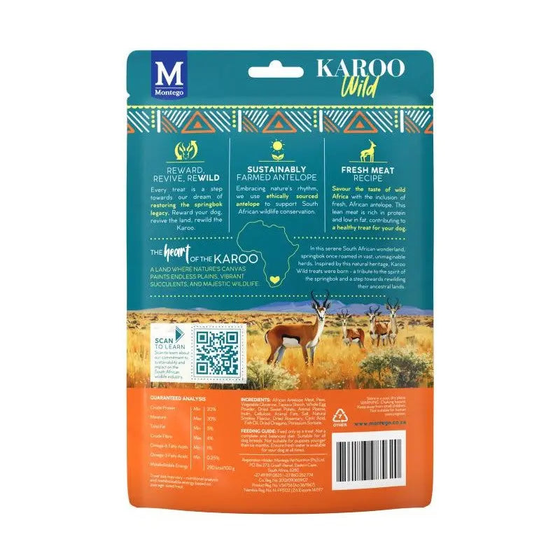 Sustainable antelope meat recipe packaging with vibrant Karoo landscape and informative label.