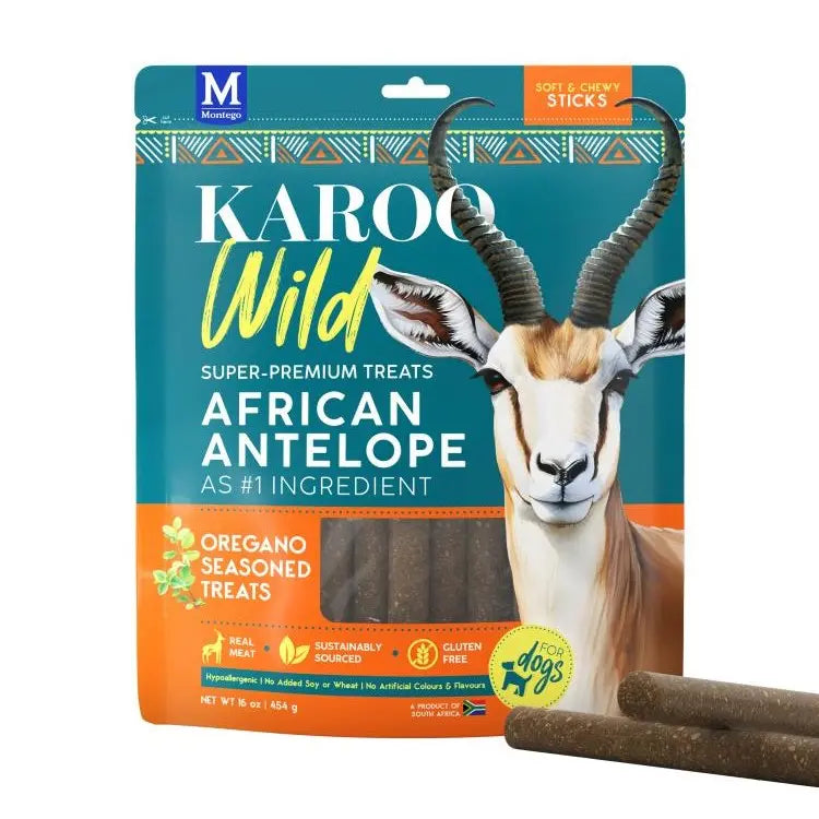 Karoo Wild African Antelope dog treats in oregano flavor, soft and chewy, gluten-free packaging.