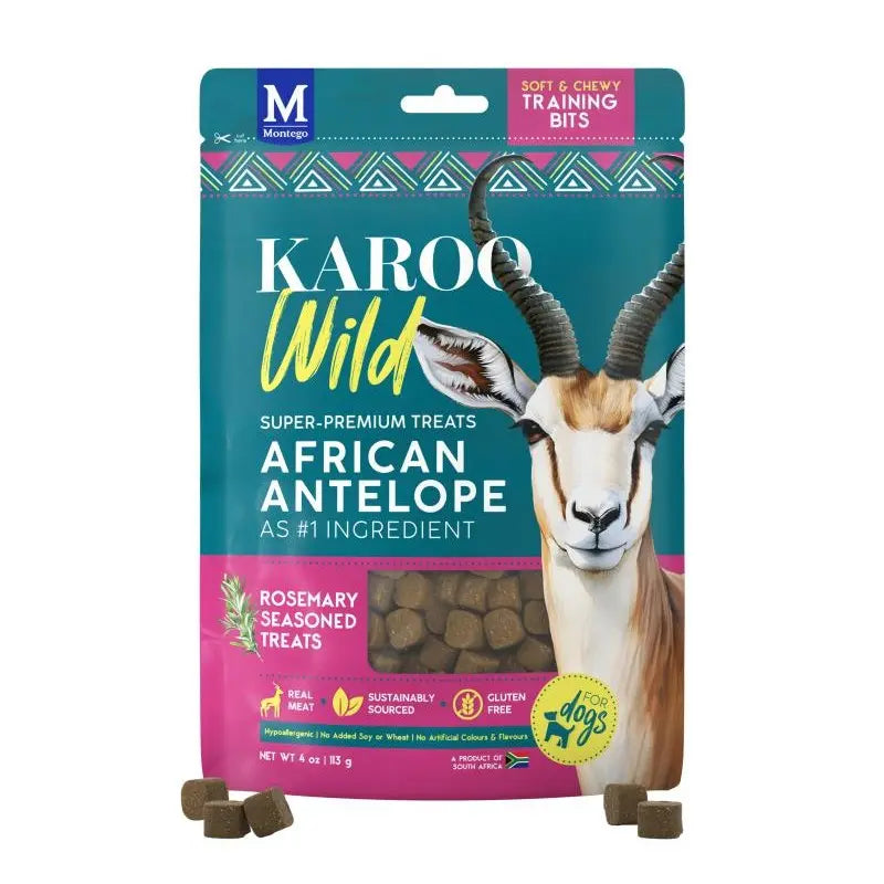 Karoo Wild African Antelope dog treats with rosemary, gluten-free, and sustainably sourced ingredients.