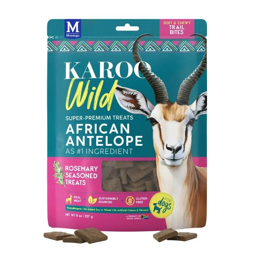 Karoo Wild African Antelope treats in rosemary flavor, gluten-free, soft and chewy trail bites.