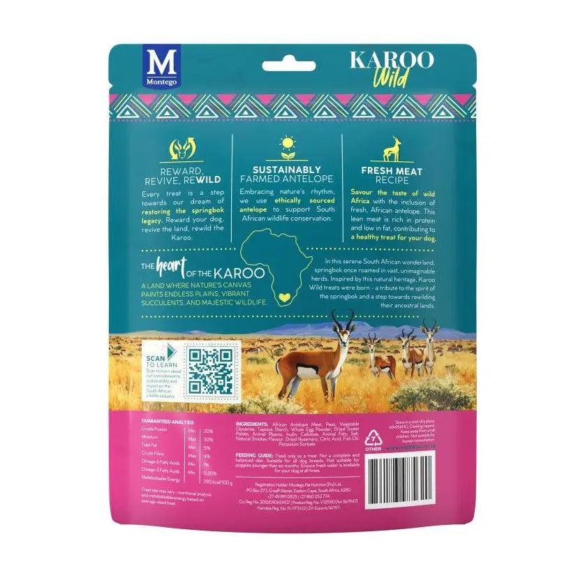 Sustainable antelope food packaging featuring a scenic Karoo landscape and wildlife illustration.