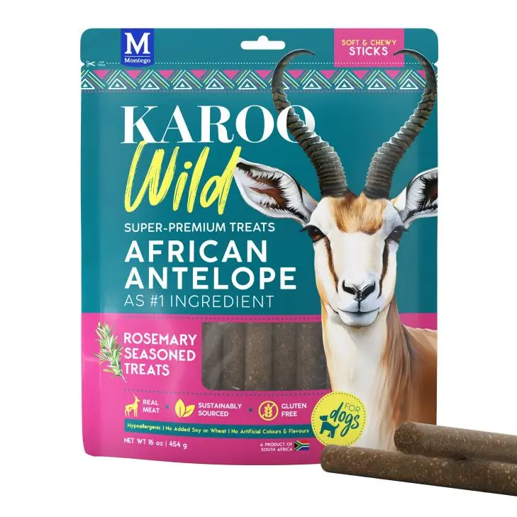 Karoo Wild African Antelope dog treats with rosemary, gluten-free, and sustainably sourced ingredients.