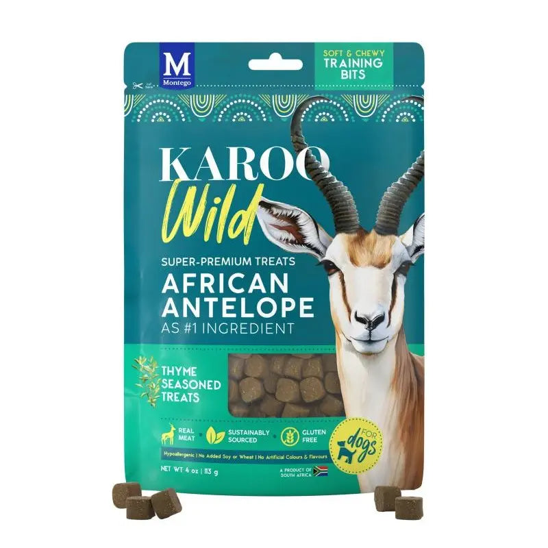 Karoo Wild African Antelope dog treats with thyme, soft chewy bits in eco-friendly packaging.