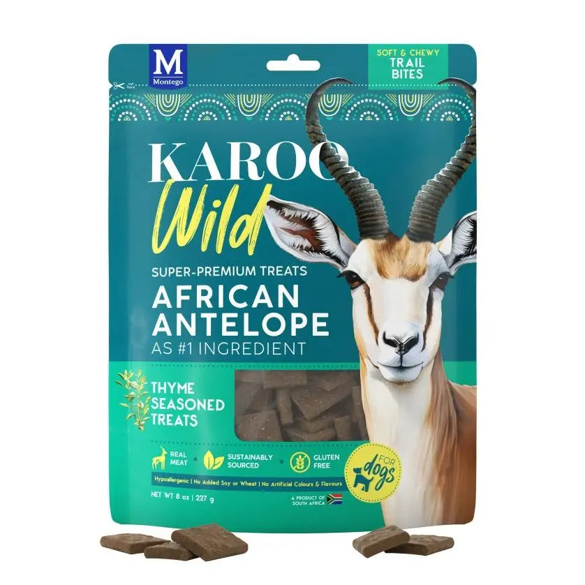 Karoo Wild African Antelope treats in a vibrant bag, featuring thyme-seasoned, gluten-free bites.