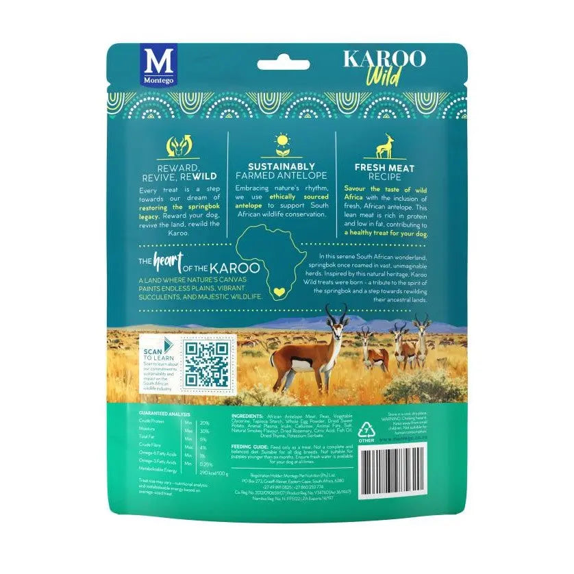 Sustainable antelope food packaging featuring a scenic Karoo landscape and wildlife illustration.