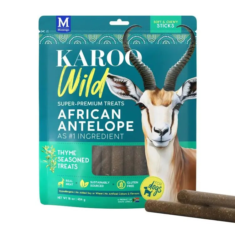 Karoo Wild African Antelope treats in a vibrant package, featuring thyme seasoning and gluten-free ingredients.