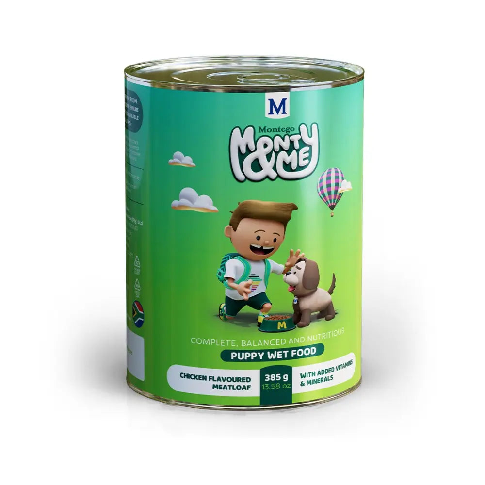 Monty & Me puppy wet food can with chicken flavor, balanced nutrition, and playful cartoon design.