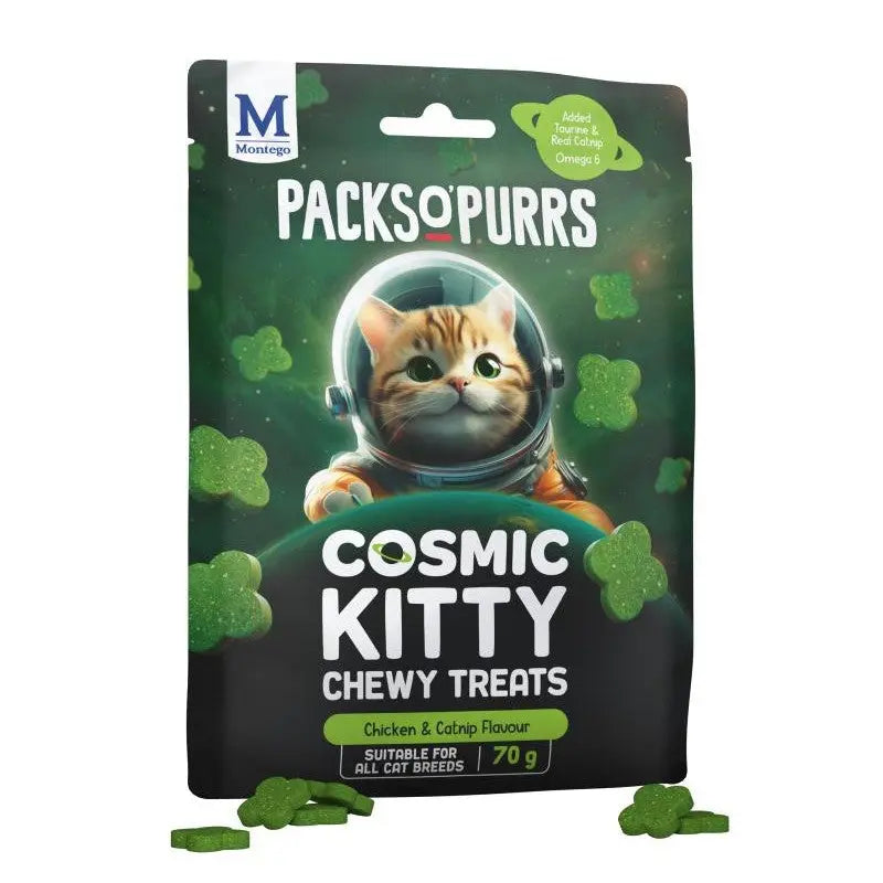Cosmic Kitty chewy treats packaging featuring a cat in an astronaut suit, ideal for all cat breeds.