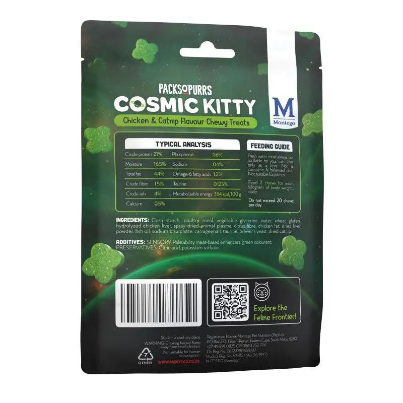 Cosmic Kitty chicken and catnip chewy treats packaging with feeding guide and nutritional analysis.