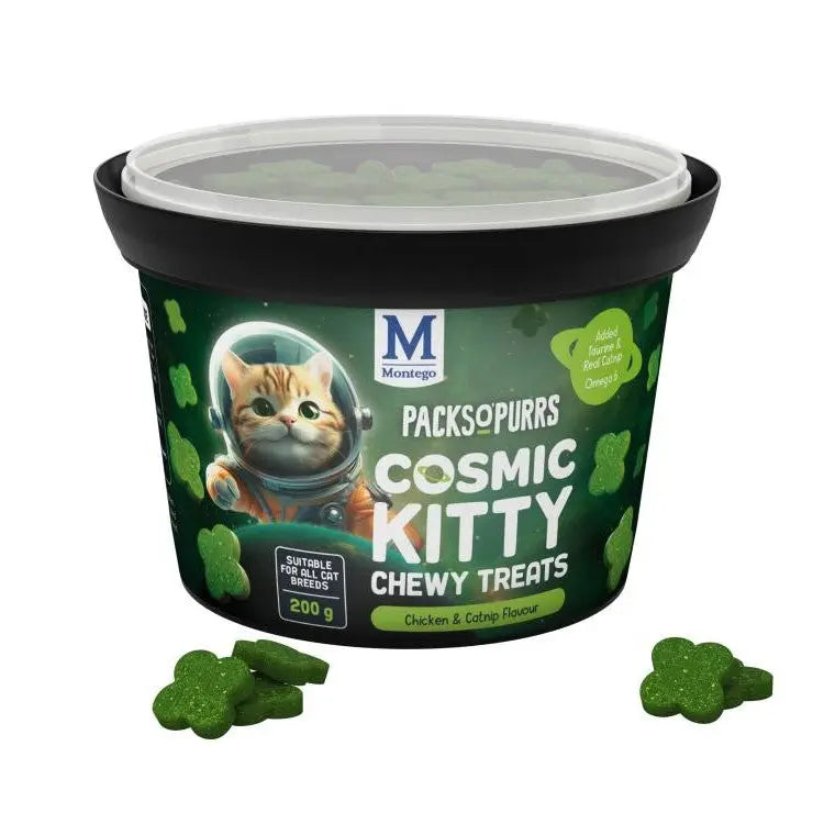 Cosmic Kitty chewy treats in a green tub, featuring chicken flavor and fun clover-shaped snacks.