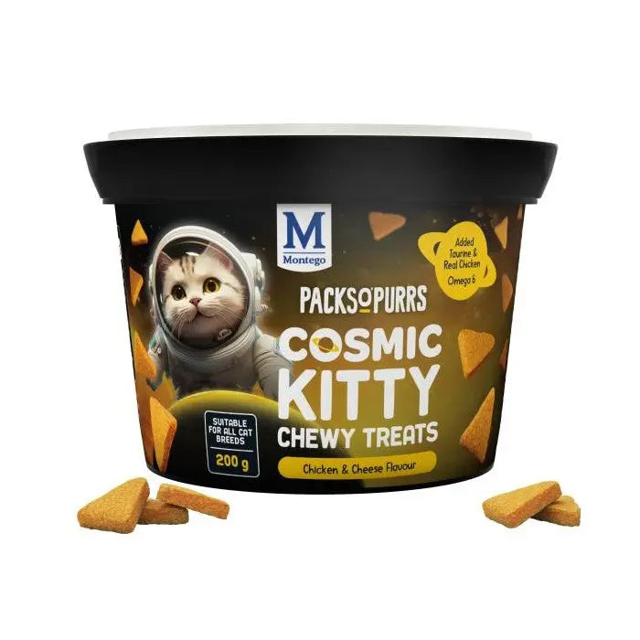 Cosmic Kitty chewy treats in a 200g tub, featuring chicken and cheese flavor for all cat breeds.
