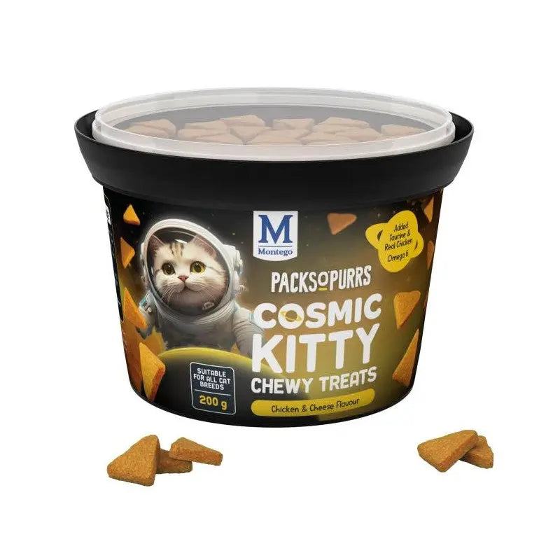 Cosmic Kitty chewy treats in a 200g tub, featuring chicken and cheese flavor for cats.