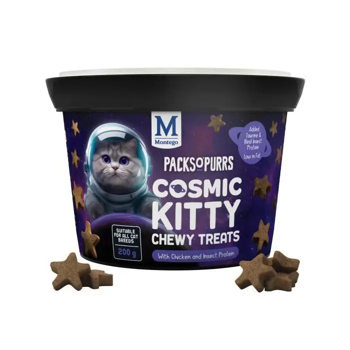 Cosmic Kitty chewy treats for cats, featuring chicken and insect protein in a star-shaped design.