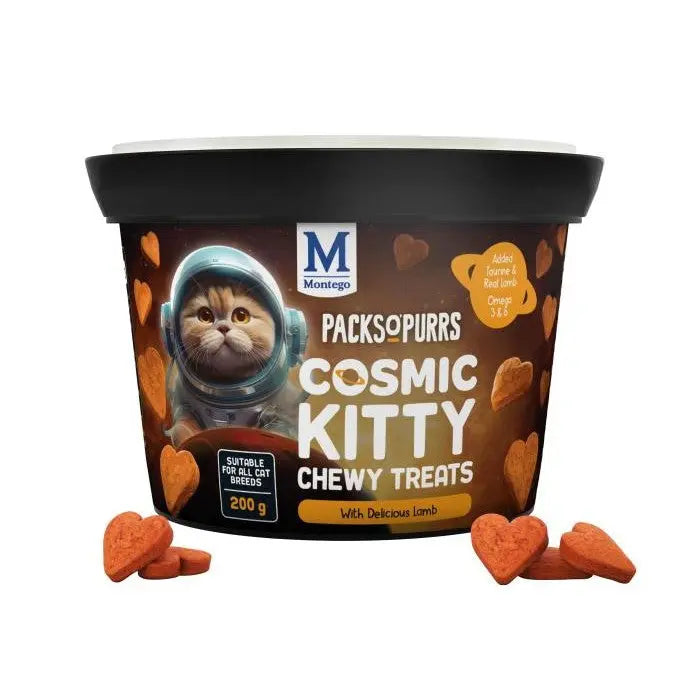 Cosmic Kitty chewy treats for cats, featuring delicious lamb in heart-shaped bites.