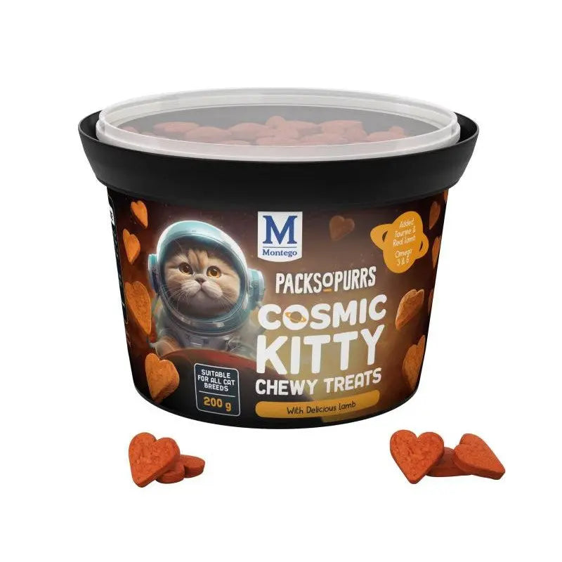 Cosmic Kitty chewy treats in a tub, featuring heart-shaped lamb-flavored snacks for cats.