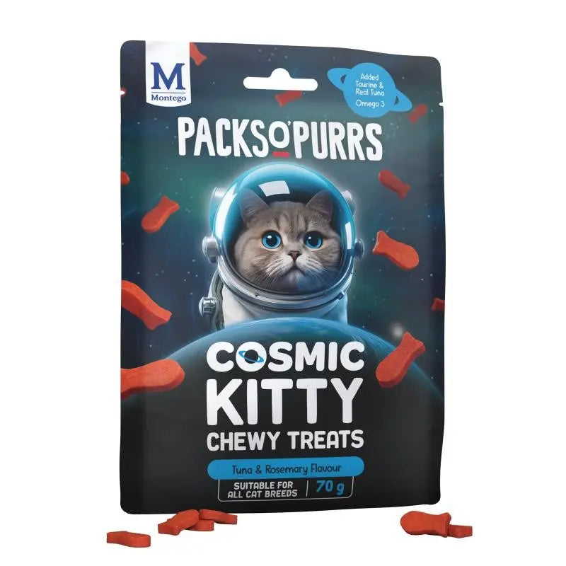 Cosmic Kitty chewy treats with tuna and rosemary flavor, perfect for all cat breeds.
