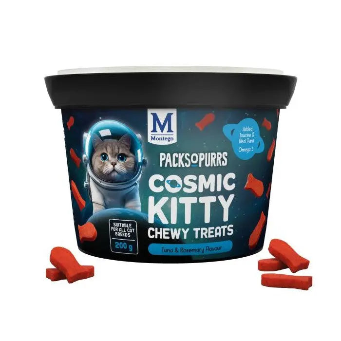 Cosmic Kitty chewy treats for cats, tuna and rosemary flavor, 200g packaging with playful design.