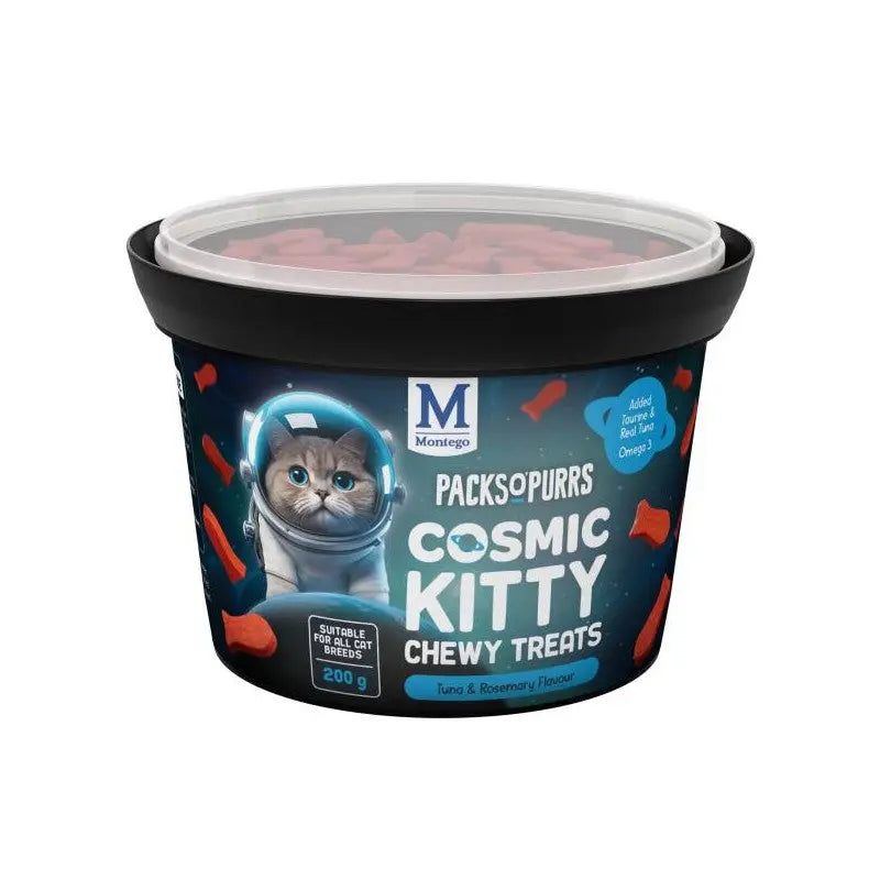 Cosmic Kitty chewy treats for cats, featuring tuna and rosemary flavor in a 200g container.