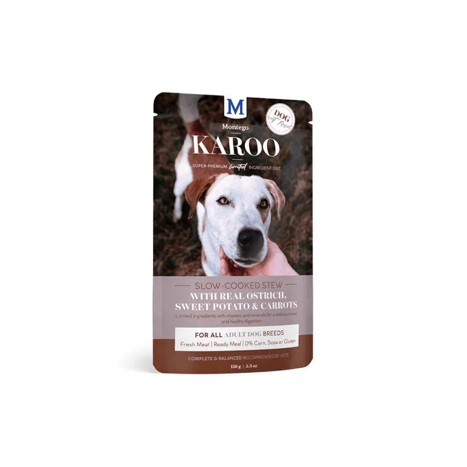 Karoo slow-cooked dog stew with ostrich, sweet potato, and carrots in a convenient pouch.