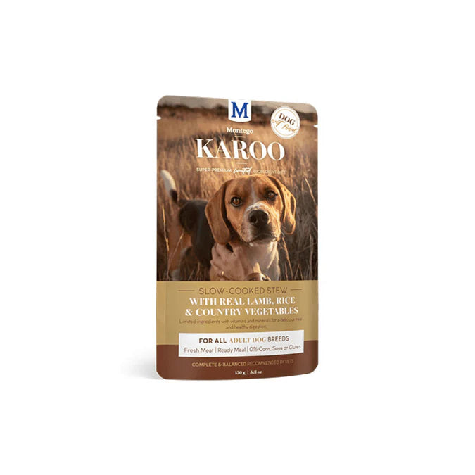 Dog food pouch featuring slow-cooked stew with real meat, rice, and country vegetables for all breeds.