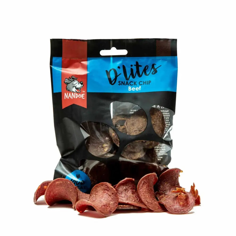 Beef snack chips in a resealable bag, perfect for rewarding your pet with a tasty treat.