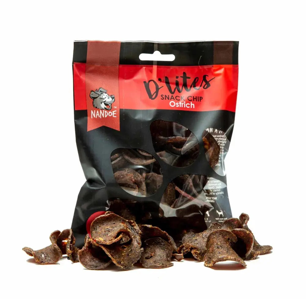 Ostrich snack chips in a resealable bag, perfect for a tasty and unique treat.