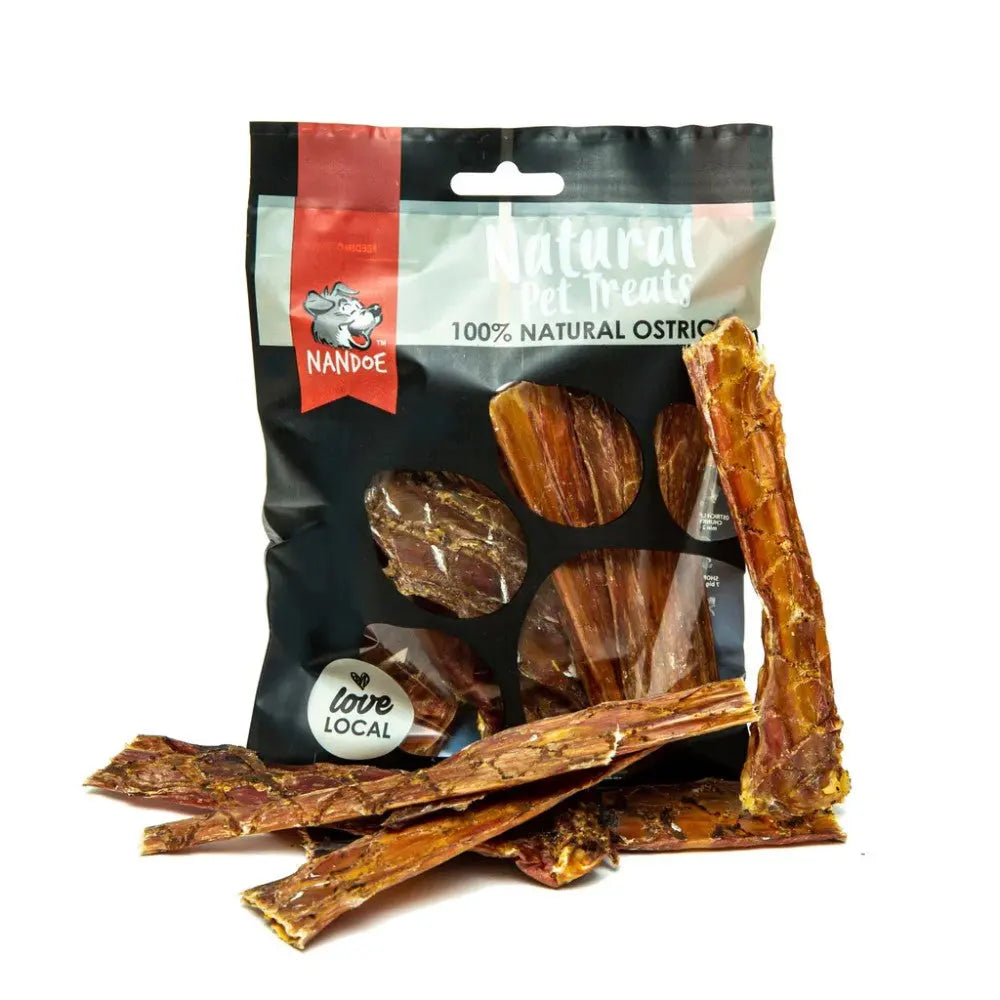 Natural ostrich pet treats in a resealable bag, perfect for rewarding your furry friend.