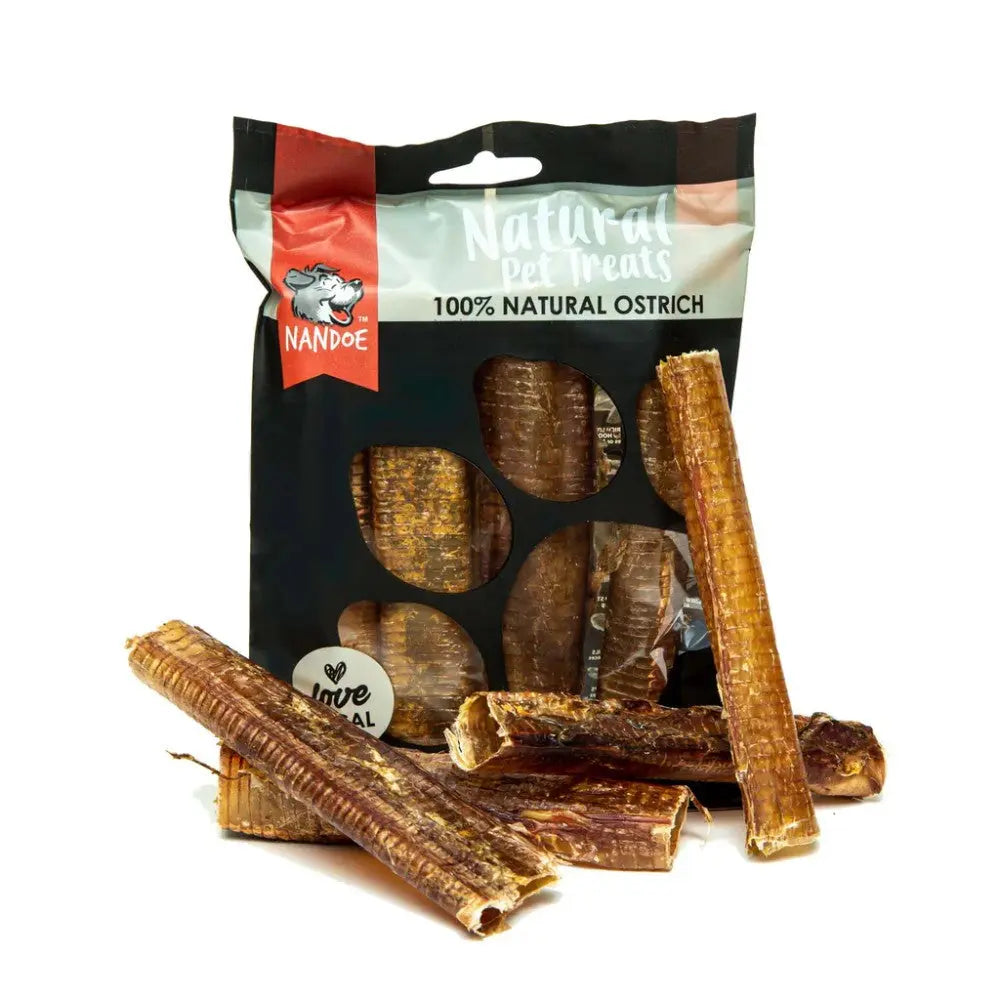 Natural pet treats made from 100% ostrich, perfect for rewarding your furry friend.