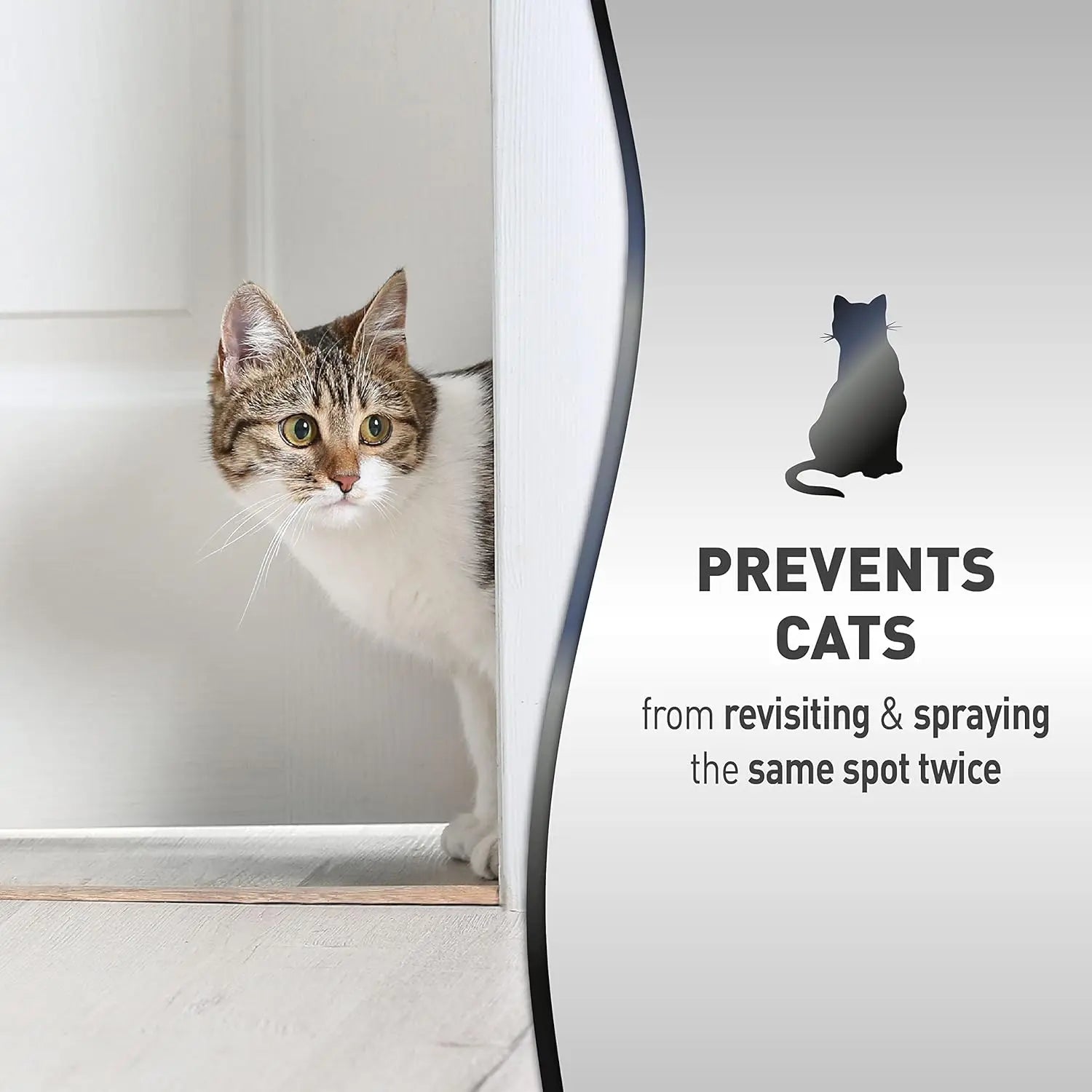 Cat prevention spray infographic showing a cat peeking around a door to avoid marking territory.