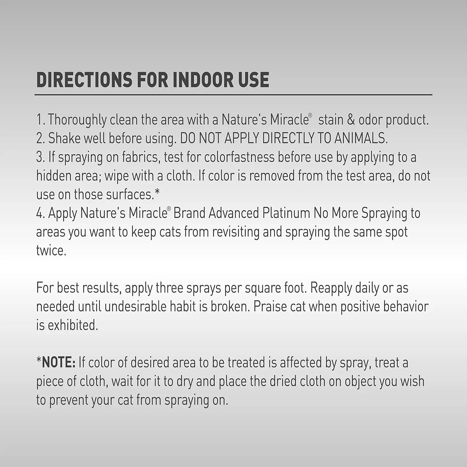 Indoor cleaning guide for Nature's Miracle® stain and odor remover, with application instructions for pet owners.