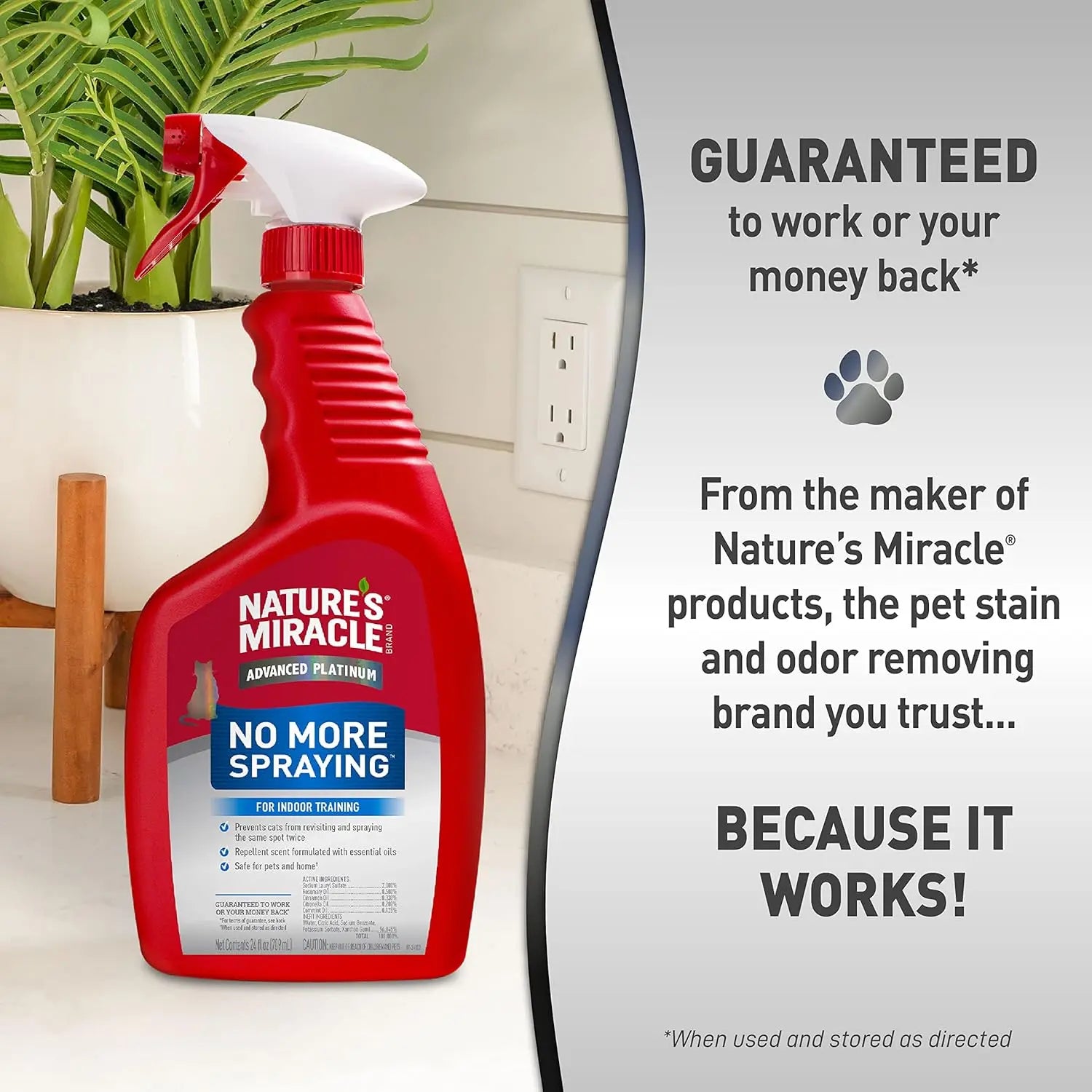 Nature's Miracle No More Spraying pet odor eliminator spray bottle for effective odor control.