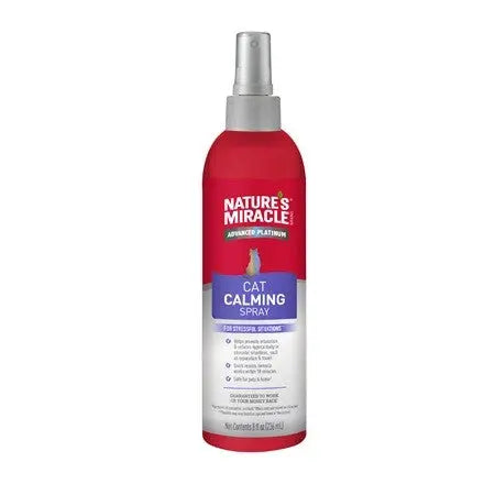 Nature's Miracle Cat Calming Spray for reducing stress in cats, featuring a convenient spray bottle design.