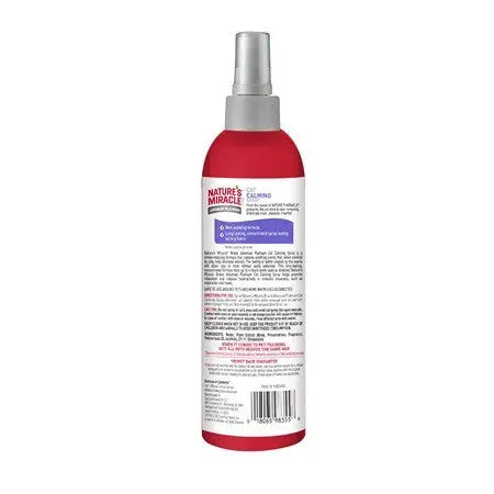 Nature's Miracle calming spray bottle with detailed ingredients and usage instructions on the back label.