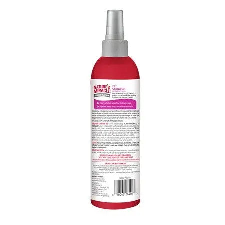 Nature's Miracle spray bottle for pet odor elimination, featuring a detailed ingredient label on the back.