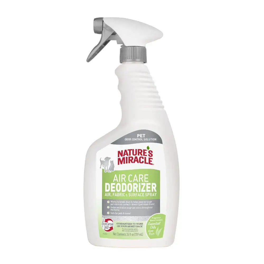 Nature's Miracle Air Care Deodorizer spray for pets, effective on air, fabric, and surfaces.