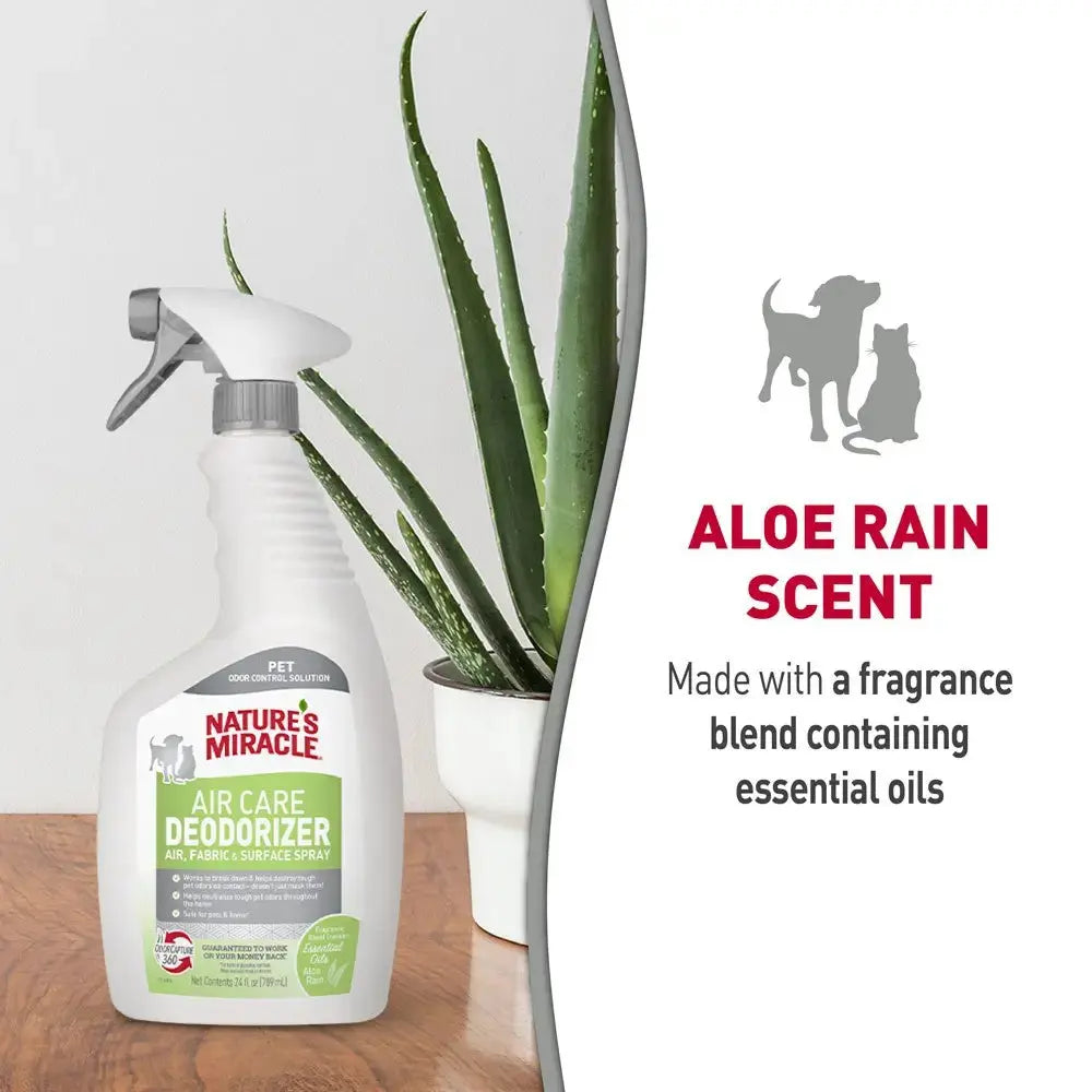 Nature's Miracle Air Care Deodorizer spray with aloe rain scent for pet odor removal and fabric care.