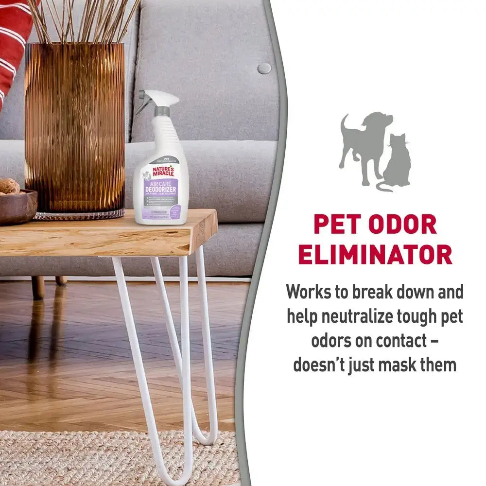 Pet odor eliminator spray effectively neutralizes tough pet odors on contact.