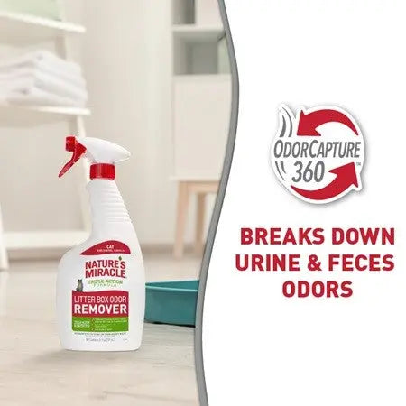 Nature's Miracle Litter Box Odor Remover spray eliminates urine and feces odors effectively.