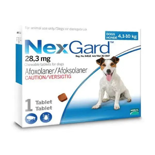 NexGard chewable tablets for dogs, effective flea and tick prevention, suitable for 4.1-10 kg dogs.