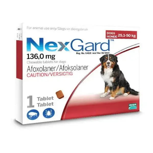 NexGard chewable tablet for dogs, 136 mg, effective flea and tick prevention, suitable for 25-50 kg dogs.