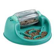 Automatic pet feeder with a transparent storage container for dry kibble.